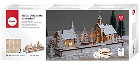 Rayher Alpendorf, Holz, FSC zertifiziert, 3D-Bausatz mit Drehmechanismus, natur, 40 x 14,5 x 20 cm, 94teilig inklusiv Drehteller, Weihnachtsdekoration, 63157505