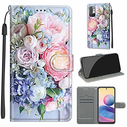 TOMYOU Coque pour Xiaomi Redmi Note 10 5G, Pink Bouquet | Portefeuille, Fentes Cartes, Antichoc PU Housse, Protection Flip Case, Fonction Stand Cuir Etui