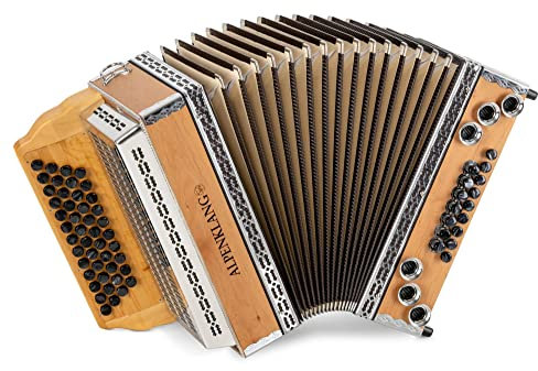 Alpenklang Pro Alpline 34 Eco Harmonika G-C-F-B MB - 46 Knopftasten (4-reihig, 3-chörig) - X-Bass entkoppelt und H-Bass - Mollbässe und 8 Helikon-Bässe - inklusive Koffer und Riemen - Buche