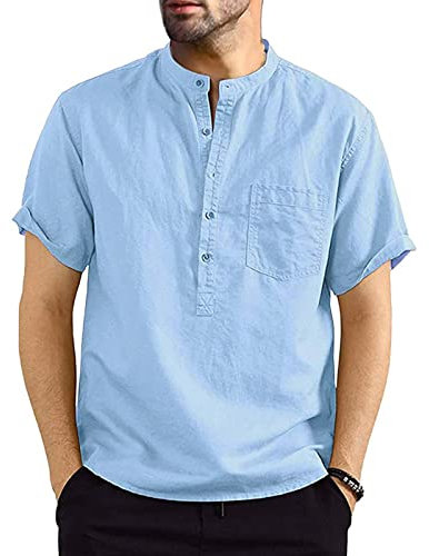 Voqeen Camisa Henley de Lino y Algodón para Hombre, Camisetas de Playa Informales Hippie de Manga Corta con Cuello de Banda de Bolsillo Tops con Cierre de Botón