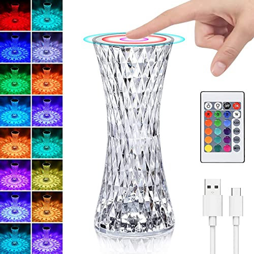 PKKP Rosenschatten Kristalllampe, 16 Farben und 4 Modi Kristall Tischlampe Aufladbare, LED Nachttischlampe Touch Dimmbar Mit Fernbedienung für Schlafzimmer, Wohnzimmer, Party (A)