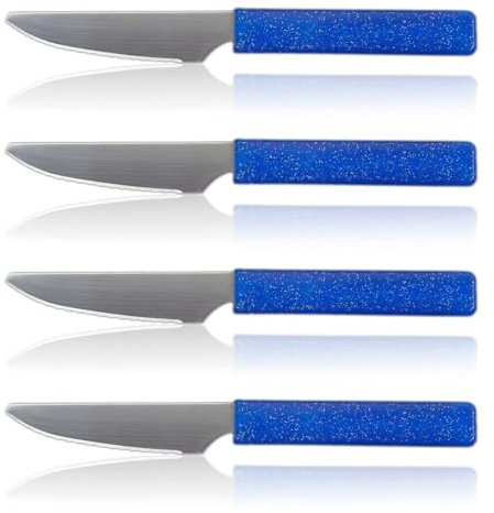 LaXon Messer, Frühstücksmesser, 4 Stk. blau, Brotmesser mit Wellenschliff, scharfe Messer auch für Grillfleisch und Pizza geeignet