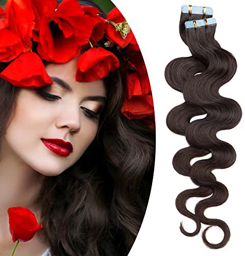 SEGO Echthaar Extensions Tape Klebeband Haarverlängerung Invisible Seamless Skin Weft Menschenhaarverlängerung 50GR/20PCS 20(50cm)-20 PCS-Gewellt Dunkelbraun#2-1