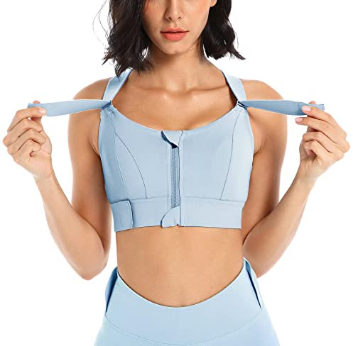 Sport Top Damen Fitness Sportsbra Hohe Unterstützung Zip Front gibt Guten Halt Sportunterwäsche Verstellbare Träger Longline Vorne Reißverschluss hohe Stützkraft Sport Kleidung