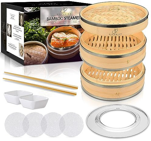 SP Dynamics Bamboo Steamer Basket Set Chinese Cuisine 10-inch 2 Tiers Steaming Basket for Cooking with Chopsticks, Sauce Dishes, and Reusable Liners - Dumpling Steamer Baskets