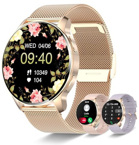 Betatree Reloj Inteligente Mujer con Llamada, 1.32 Smartwatch Mujer con 20 Modo Deportivos,Pulsómetro/Monitor de Sueño/Podómetro, 3 Correas Smart Watch para Android iOS,Pulsera Actividad Dorado
