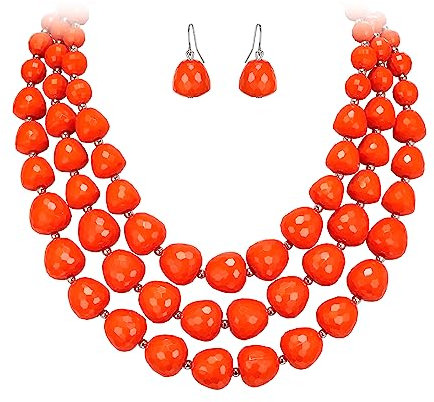 EVER FAITH Böhmische Mehrschichtige Halskette Ohrringe Set, Orange Statement Beaded Chunky Kragen Bib Schmuck-Set für Damen