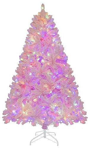 RELAX4LIFE Weihnachtsbaum Künstlich 180 cm, Weihnachtsbaum mit Schnee & 350 mehrfarbigen LEDs, 8 Transformationsmodi, 808 Zweigspitzen, aus PVC, Schnellaufbau Klappsystem, Metallständer, Rosa