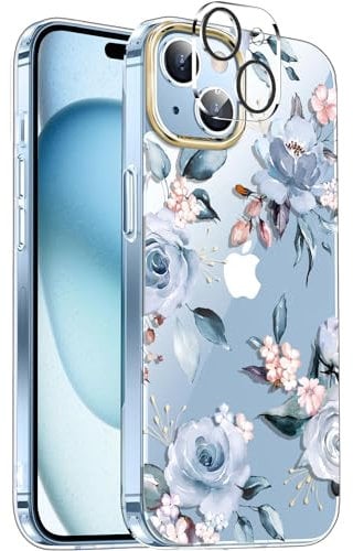 luolnh Compatible with iPhone 15 Case,for Women Girls,Shockproof Clear Floral Pattern Hard Back Cover for iPhone 15 6.1 2023 -Blue