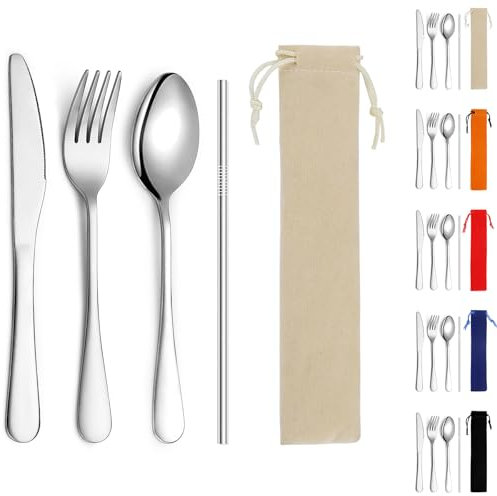 Kyraton Ensemble de couverts portables, Fourchette, Cuillère et Paille, Set de Couverts de Camping avec Pochette Noire pour Cuisine Maison Camping Voyage, Lave-Vaisselle, ensemble de 4 pièces