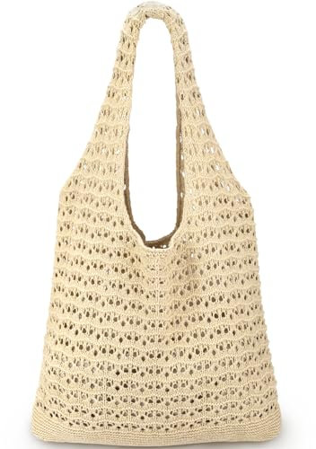 Ayieyill Häkeltasche für Damen, gehäkeltes Netzgewebe, Strandtasche, Sommer, Urlaub, ästhetische Boho-Stricktasche für Frauen, I/Khaki, 15.3 x 7.8 22 inches, Häkel-Tragetasche