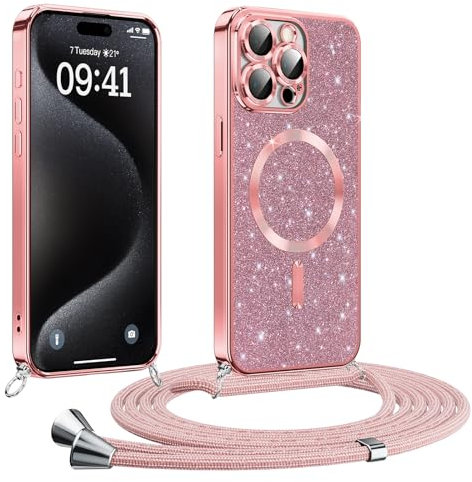 Phoona handyband Hülle für iPhone 15 Pro Max mit Band, Glitzer Handyhülle Kompatibel mit MagSafe, Ganzkörperschutz Kratzfeste Stossfest Schutzhülle mit Einstellbar Kette, Rosa