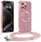 Phoona handyband Hülle für iPhone 15 Pro Max mit Band, Glitzer Handyhülle Kompatibel mit MagSafe, Ganzkörperschutz Kratzfeste Stossfest Schutzhülle mit Einstellbar Kette, Rosa