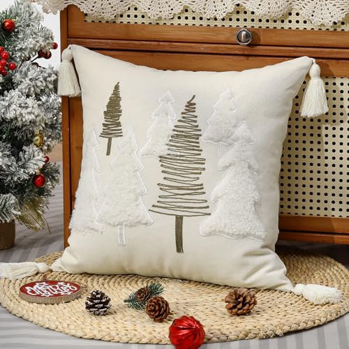 Lewondr Weihnachten Kissenbezüge, 45x45CM 1PCS weiche Pellet Samt Stickerei Bäume braun weiß dekorative Lumbal Kissenbezug mit Quaste Luxus Wurf Kissenbezug für Bett Home Decor