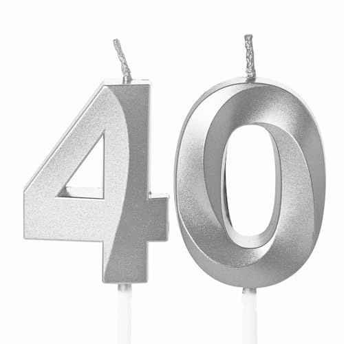 Velas de cumpleaños número 40, velas plateadas con el número 40, decoraciones de pastel para mujeres y hombres, decoración de pastel para fiesta de cumpleaños de 40 años, boda, aniversario