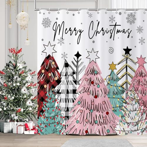 Caheansi Tenda da doccia con scritta Merry Christmas, tenda da doccia colorata a quadri con albero di Natale, inverno, capodanno, vacanze, bagno, tessuto impermeabile, lavabile in lavatrice con ganci,