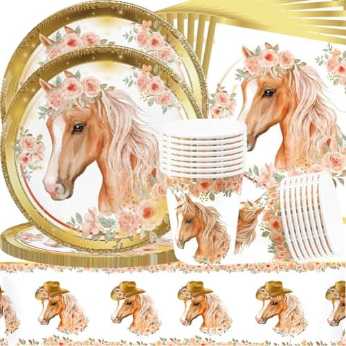 41 Pièces Vaisselle, Course de Ensemble de Fournitures de Fête inclure Assiette à Dessert, Tasses, Serviettes et Nappes pour Cheval Décoration de Fête