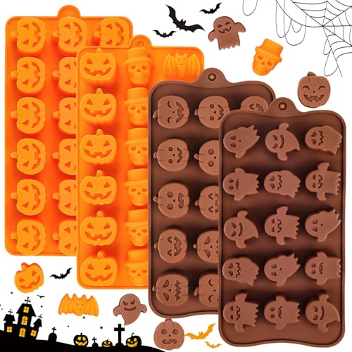 Halloween Schokoladenform 4 Stück, Pralinenform Silikon, BPA-Frei, 3D Antihaftbeschichtung, Gummibärchen Form für Backen