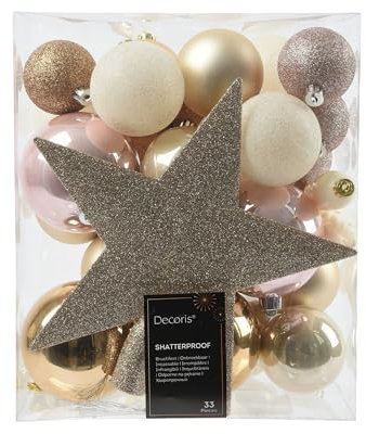 Weihnachtskugeln Kunststoff mit Christbaumstern 33er Set - bruchsichere Christbaumkugeln Weihnachtsbaumkugeln und Christbaumspitze - Christbaumschmuck & Weihnachtsbaumschmuck - Beige Rosa Mix