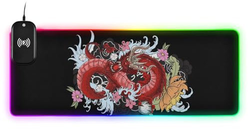 Red Chinese Dragon Wireless Charging Glowing cool animal pad animal mat gaming large gaming mousepad cool studio 31.5x11.8 inches