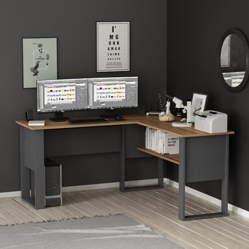Homidea Randi moderner Eckschreibtisch – Computer-Schreibtisch in L-Form mit Regalen für Büro und Zuhause (Randi - Anthrasit/Eiche)
