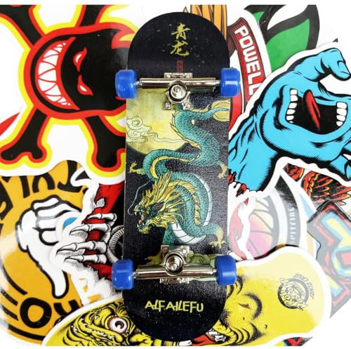 OLLIE TRICK Finger Skateboard aus Holz, professionelles Fingerboard mit Zubehör in Geschenkbox und 20 Stickern (Drachen-Mond)