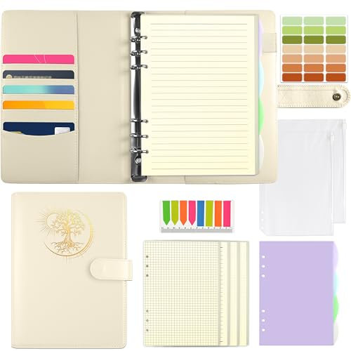 Qefuna A5 Ringbuch,Ringbuch A5 nachfüllbar,PU Einband mit Folienprägung Sun Tree of Life Muster, mit180 Blatt A5 Nachfüllpapier,A5 Notizbuch mit Einstecktaschen und Trennblättern，Beige