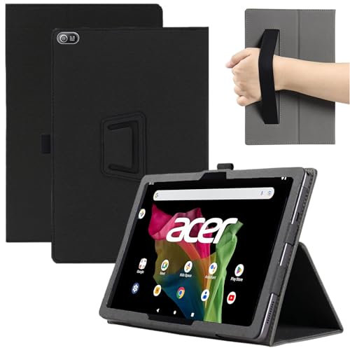 MEMELOKA Custodia per Acer Iconia Tab A10 10.1 Pollici, Leggera e Sottile Custodia in Pelle PU con Cinturino da Polso, Morbido Cover con Auto Svegliati/Sonno[Funzione di Supporto], Nero