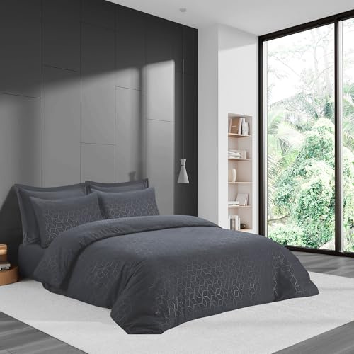 LYMA Bedding Duvet Cover Set King Geometric Embossed, OEKO-TEX Certified, Ultra Soft NanoPlush Double Brushed Quick Dry & Button Closure, Wrinkle Fade Resistant Quilt Cover & Pillowcase (Dark Grey)