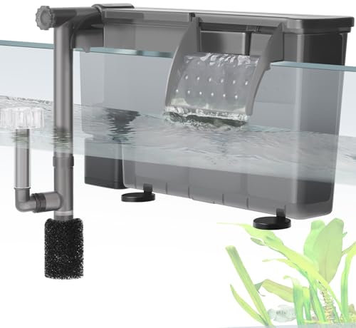 VILLNO 7W Aquarienfilter: Ultra-leiser 670L/H Aquarium HOB Außenfilter mit Filterschwamm und Aktivkohle, Einstellbarer Wasserfallfilter für 50-150L Aquarien
