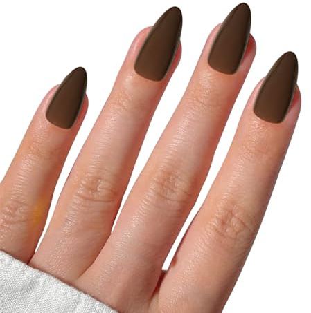 SJUIEO Ongles artificiels en forme d'amande marron pour femme - Décoration d'ongles DIY - Longueur moyenne et longue - Décoration d'ongles pour femme et fille