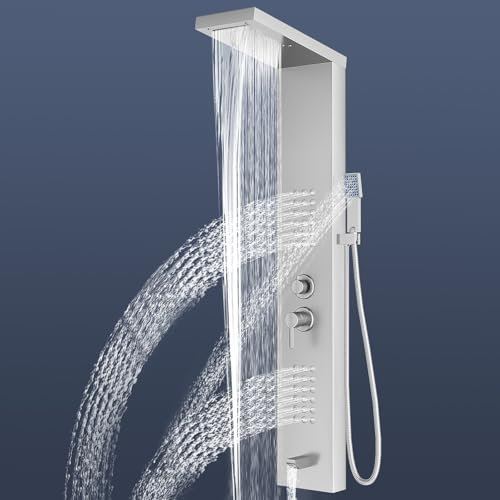 Sistema de panel de ducha con 5 modos, Plateado Panel de Ducha Acero Inoxidable para Baño,hidromasaje y cascada,caño para bañera y cabezal de ducha con manguera, baño