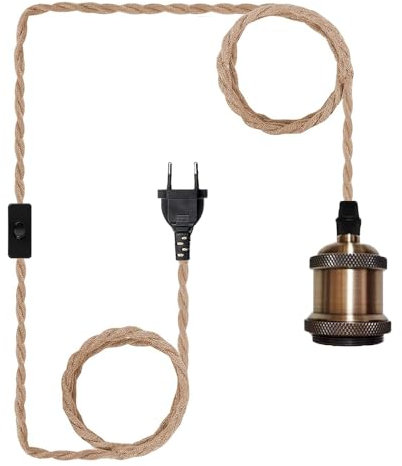 Chao Zan Douille E27 avec Câble 2m en Corde de Chanvre Tressée Suspension Luminaire en métal Vintage, Lustre Corde de Chanvre Rétro Interrupteur Kit Suspension Luminaire Cuisine Cave Loft Entrepôt (A)