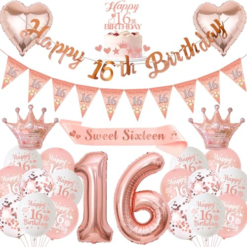 Xietaea Deko 16. Geburtstag Mädchen Rosegold - 16. Geburtstagsdeko Luftballons Happy Birthday Girlande Tortendeko, XXL Zahlenballon und Schärpe für 16 Jahre Geburtstagsparty