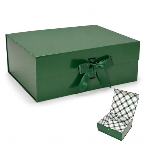 Tekhoho Grün Große Geschenkbox 33.5x27x12.5cm, Premium Geschenkbox mit Magnetdeckel und Schleife für Feiertage Hochzeit Geburtstag Geschenkverpackungen, kariertes Innenfutter