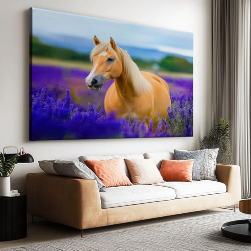 Generisch Leinwand Bilder 120 x 60 cm (L x B) für Schlafzimmer Wohnzimmer Deko, Lila Blumen Tiermuster Pferd Kunstdruck Wandbild, Kunstfotografie Moderne Wand Dekoration Poster ohne Rahmen