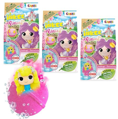 INKEE Surprise Princess Badebomben – 3er Pack Prinzessin Badekugeln mit Überraschungsfigur, Zuckerwatte-Duft & Mandelöl, dermatologisch getestet, 3x 100g