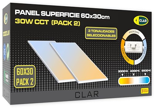 CLAR - Panel LED Superficie 60x30, Plafón para Techo Cocina, Pantalla de 3000 Lúmenes CCT (Selector de Color Blanco Calido, Neutro y Frio) (Pack 2)
