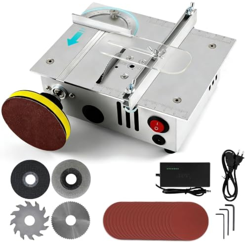 VOBOR Mini Sega Circolare da Tavolo con Disco per Lucidatura e 4 Lame, Altezza Regolabile, Alimentatore a 7 Marce, Lama per Sega da 0,1 a 15 mm, per Legno Fatto a Mano
