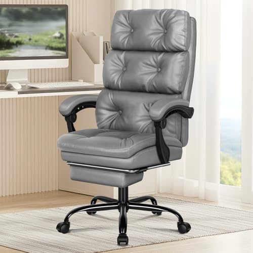 ELFORDSON Executive Office Chair with Dual Paddings for Home Office, Ergonomic PC Gaming Chair with Footrest Armrests, Comfy High Back 150° Reclining Computer Chairs, 180KG Loads, PU Leather, Grey