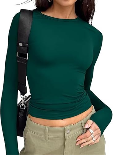 Women's Casual Crop Tops Slim Fit Top Crew Neck Long Sleeve Tight T-Shirt Basic Blouse Tee Tops(Dark green-10,S)