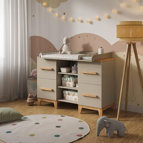 VitaliSpa Wickelkommode Malia, Cashmere/Artisan, 133 x 98 cm | XL mit 4 Schubladen, mit abnehmbarem Wickelaufsatz zur Nutzung als Kommode
