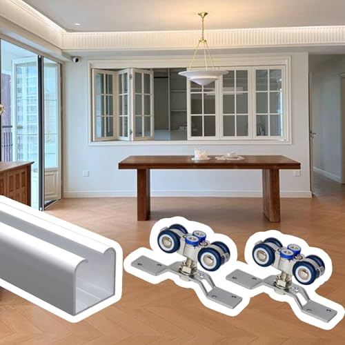 Vibeo Binario per Porta Scorrevole Ferramenta per Porte Pieghevoli a 3 Ante, Binario per Porte Scorrevoli Interne con Rulli, Kit Porta Scorrevole a Scomparsa Senza Binari(3.9ft(120cm))