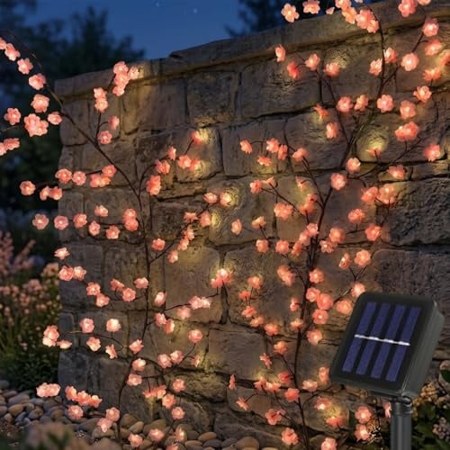 Gresonic Solar 230cm 144 LEDs Kirschblüten Lichterkette, Weidenranke Willow Vine Lichter mit IP44 8 Lichtmodi, Solarbetrieben Kirschblüten Deko Lichter für Innen Außen Balkon Garten