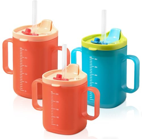 BAIFULAI Lot de 3 gobelets à bec pour personnes âgées - 300 ml + 250 ml - Gobelet anti-fuite avec double poignée et paille - Rappel de capacité - Pour personnes âgées et femmes enceintes