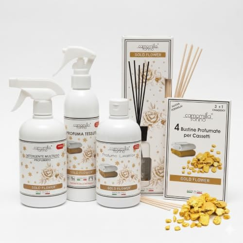 Camomilla Torino Set Gold Flower, Detergente Multiuso, Profuma Tessuti, Profumo Lavatrice, Diffusore con Bastoncini, 4 Bustine Profumate per Cassetti