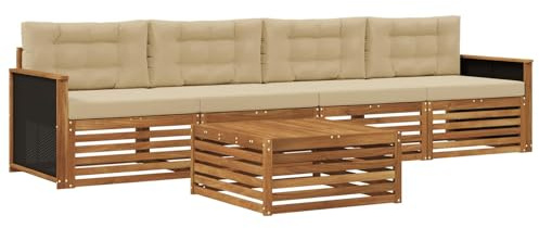 vidaXL Outdoor-Sofagarnitur 5 pcs Natur und Beige Massivholz Akazie, Gartenmöbel, Moderne Sitzgruppe, L-förmiges Sofa für Terrasse, relaxen im Lounge-Stil