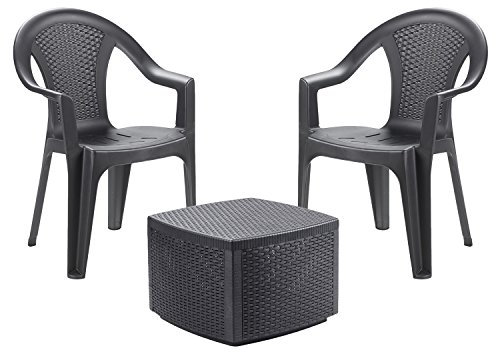 Mojawo Praktisch und Schön! Stuhl Set 3-teilig in Rattan-Optik Tisch + 2 Stühle Kunststoff Anthrazit