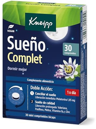 Kneipp Sueño Complet, Tranquilizante Natural para Dormir, Pastillas de Valeriana, Pasiflora y Melatonina para el Insomnio, Tecnología Bicapa para Conciliar y Mantener el Sueño, 30 Comprimidos (1,85mg)