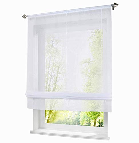 1 Stück Raffrollo mit Tunnelzug Bändchenrollo Voile Transparent Vorhang (BxH 100x155cm, Weiß)
